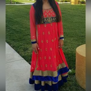 Coral/ blue anarkali
